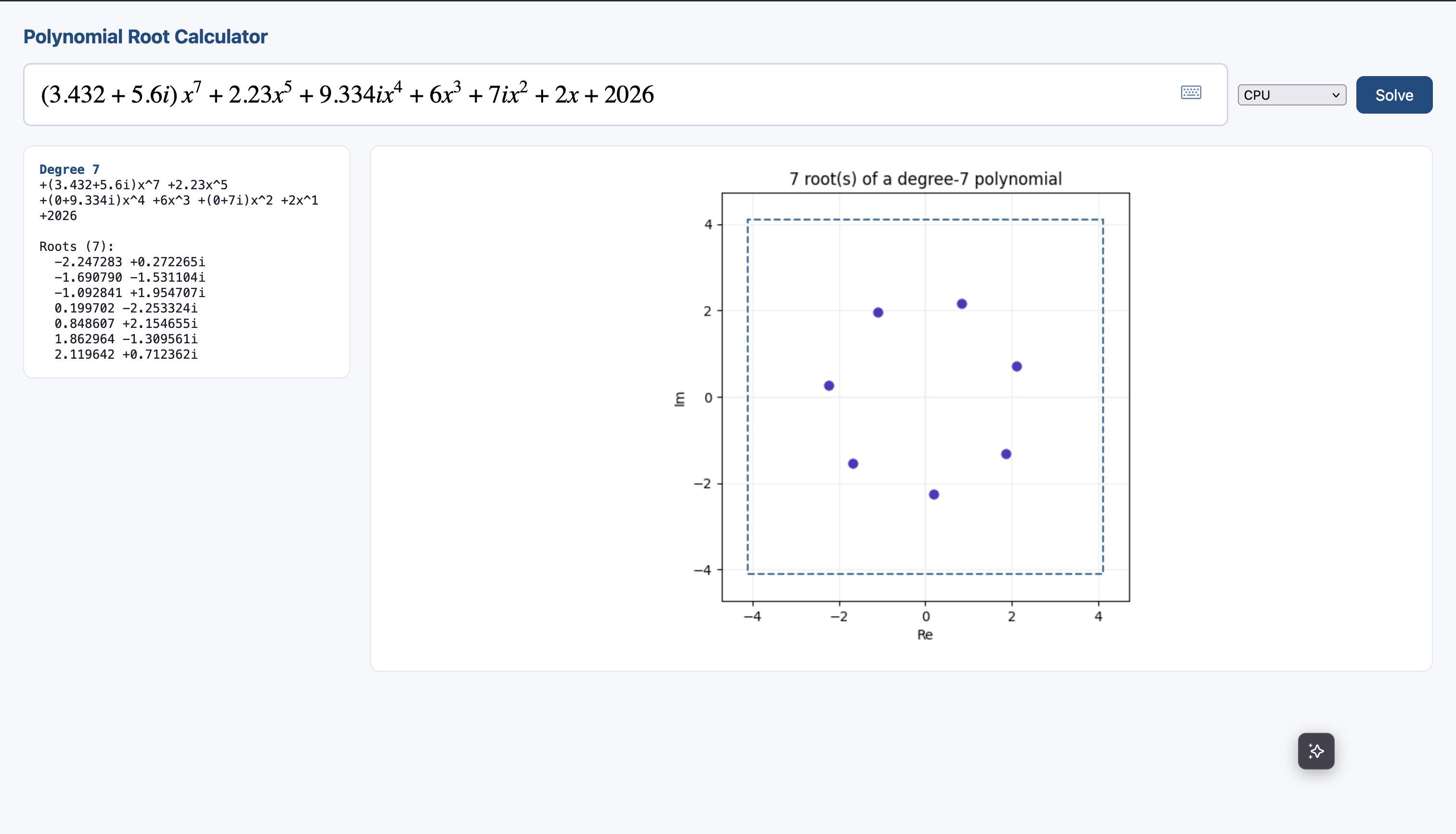 Polynomial Root Finder web GUI showing a degree-7 complex polynomial and its roots plotted on the complex plane